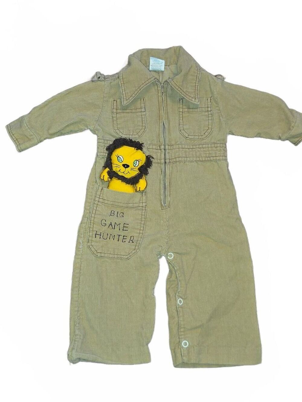 1970 Baby Toddler Safari Zookeeper Costume Romper Khaki Big Game Hunter Lion 12M